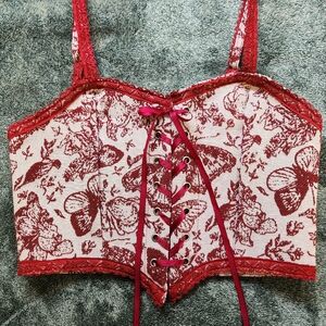 Red Lace-Up Butterfly Print Corset Top